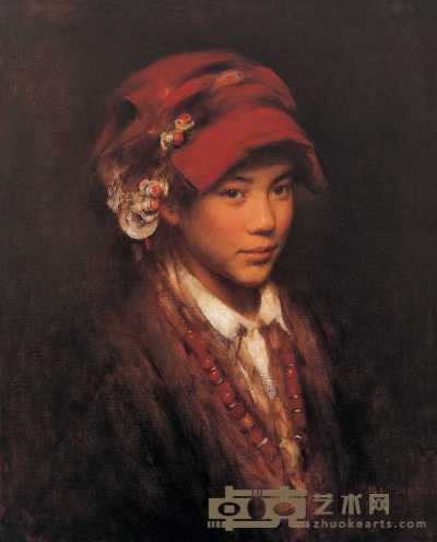 张利（首都） 2005年作 戴红头帕的藏女 80×65cm
